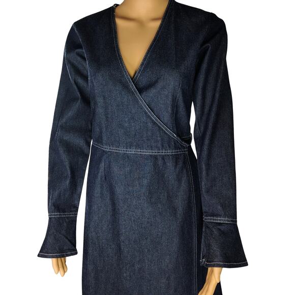 1990s Blue Denim Wrap Dress Long Sleeve Ruffle Cuff Fit Flare by RAG Size Small - Picture 3 of 9